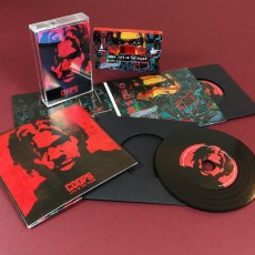 Premium black vinyl CDs in 4 page gatefold wallets and matching red cassette tapes with full coverage on-body printing