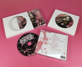 Custom printed CD jewel case O-card with central cutout hole and glass mastered CDs