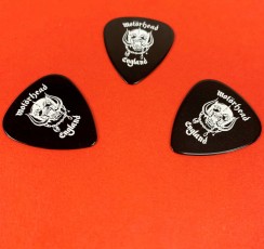 Black guitar picks with white on-body printing produced for Motorhead