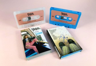 Recycled clear frosted and blue cassette shells with sticker printing in full colour printed O-cards
