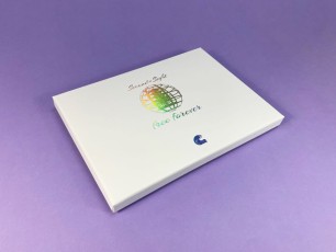 Three cassette tape box set with holographic foil print lid, custom foam insert, and white cassettes in tape cases with on-body full transparent printing for stunning effect