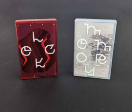 Clear frosted and transparent red cassette tape cases with white on-body printing