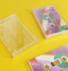White printing on clear cassette tape cases, plus full coverage on-body printing on white tapes