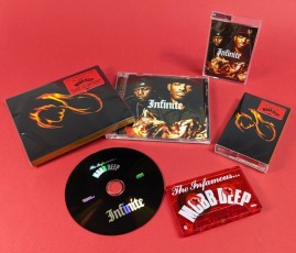 Mobb Deep Infinite transparent red cassette tapes and CDs in cases with outer O-cards and marketing sticker