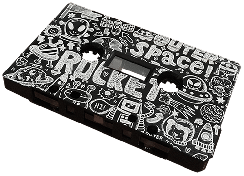 Black cassettes with full coverage white on-body printing