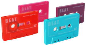 A set of four different cassettes with white on-body printing