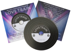 Invitation vinyl CDs in record-style printed wallets
