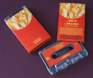 Clear cassettes in French fries O-cards for the 'Move' single release by Rat Boy