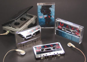 Mirror silver cassettes with a full colour sticker on one side and the other left unprinted to leave a mirror finish