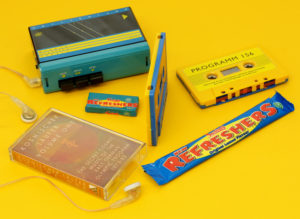 Yellow and blue sandwich cassettes that are available by special request and remind us of the colouring of the classic 80's 'Refreshers' sweets...