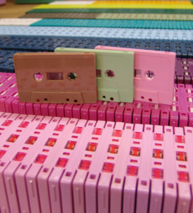 Cassette tape duplication racks of colours