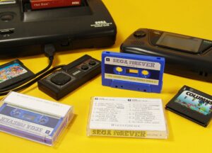 Sega Forever audio cassette tape with stickers and J-cards in clear cases