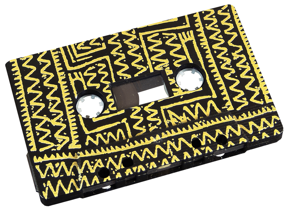 Black cassette tapes with a full coverage gold on-body print