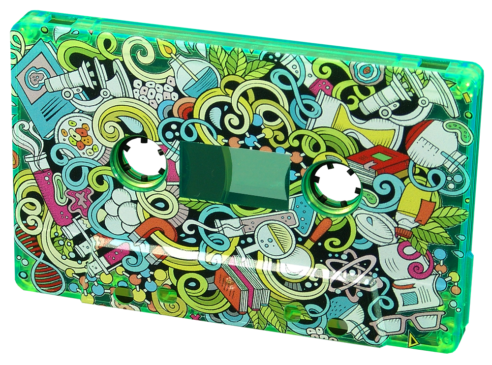 Full coverage colour printing with a partial white base on a green transparent cassette tape