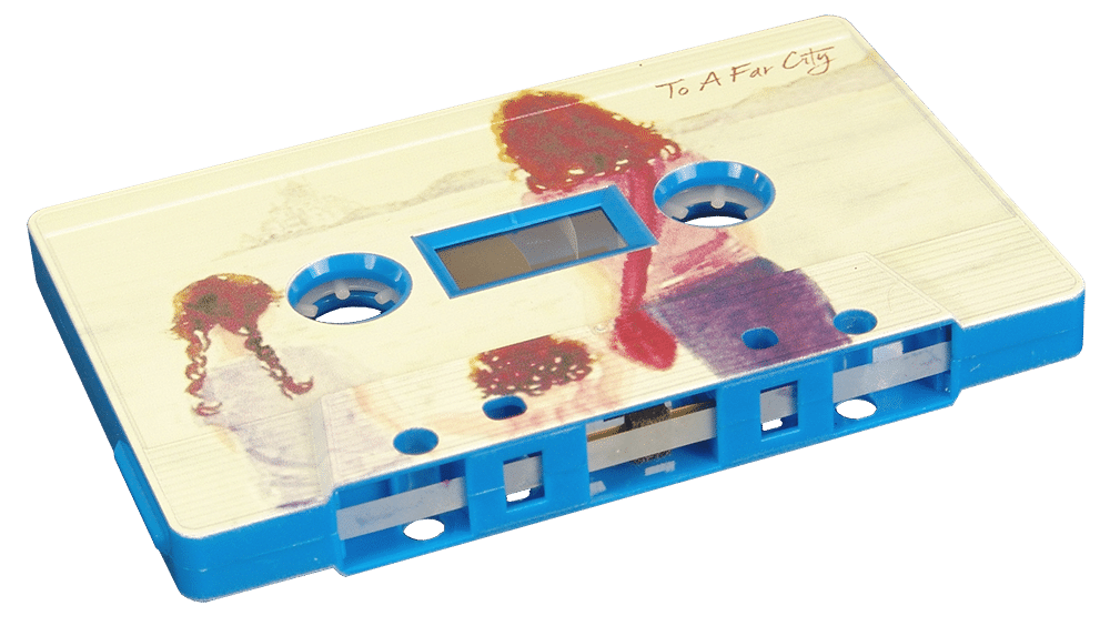 Full coverage, full colour cassette printing on a blue cassette shell