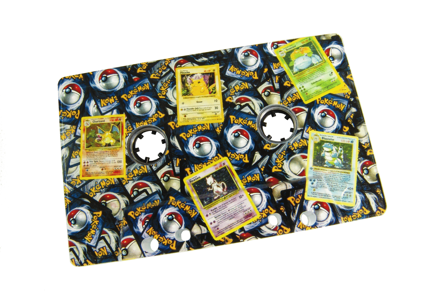 Clear cassette with a full coverage print using a white base, with spot gloss lacquer on the Pokemon cards to make them shiny