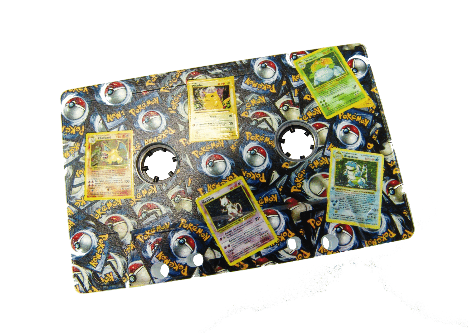 Clear cassette with a full coverage print using a white base, with spot gloss lacquer on the Pokemon cards to make them shiny