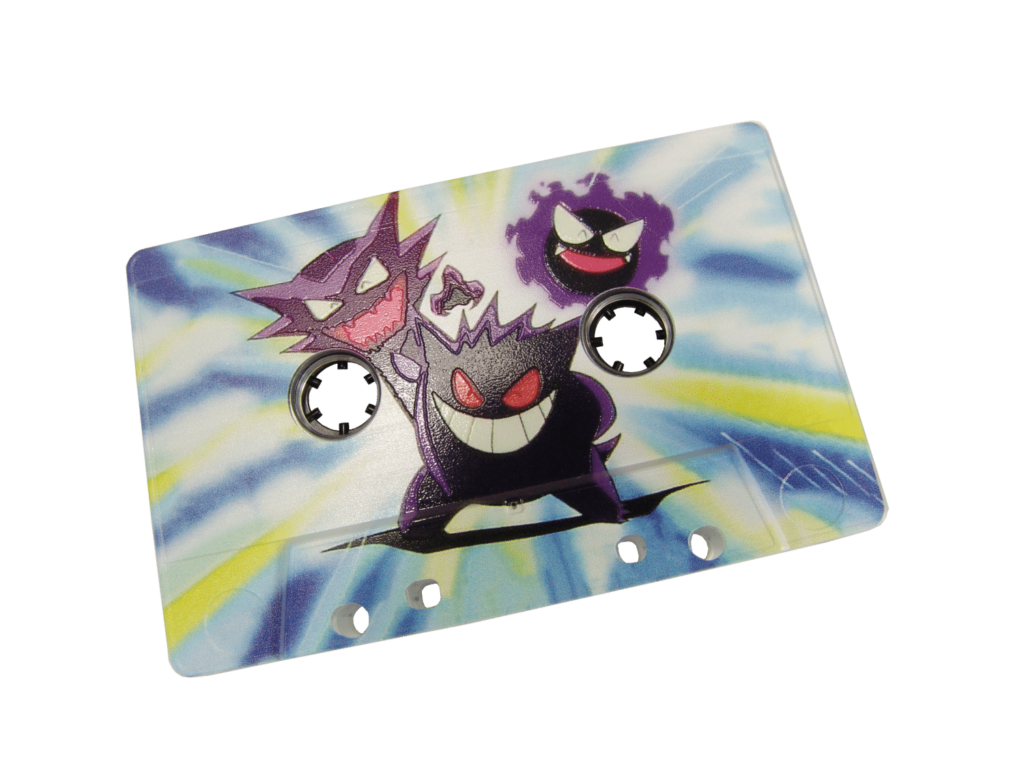 Clear cassette with a full coverage print using a white base, with spot gloss lacquer on the Pokemon to make them shiny