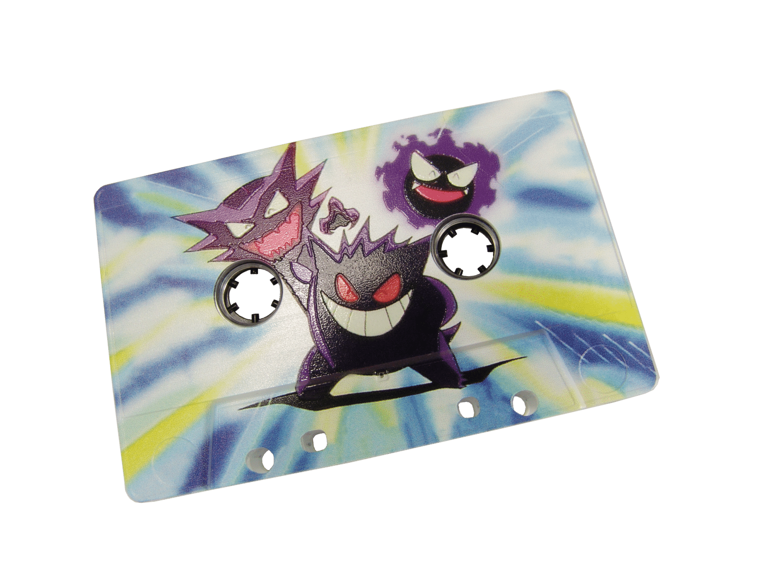 Clear cassette with a full coverage print using a white base, with spot gloss lacquer on the Pokemon to make them shiny
