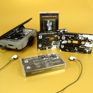 Black cassette tapes with white full coverage 'splatter' style printing