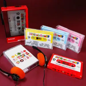 Colourful cassettes with book containing a unique scratch & sniff scent for each track!