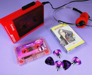 Glitter cassette tapes and purple guitar picks matching set