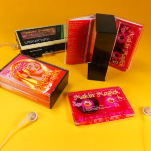 A double tape set with clear cassettes that were then printed pink all over with our UV LED printer as transparent pink tapes were not available