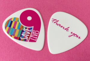 Full colour printed guitar picks for Save9Lives charity