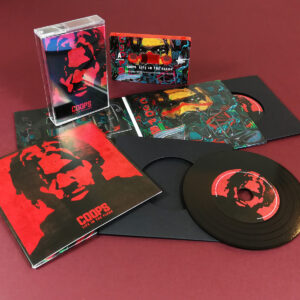 Premium black vinyl CDs in 4 page gatefold wallets and matching red cassette tapes with full coverage on-body printing