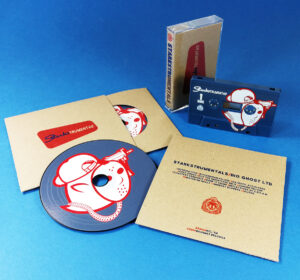 Custom full picture vinyl-effect CDs and petrol blue cassettes, with brown Manila printed wallets and tape J-cards