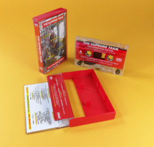 Red metallic liner cassette tapes with white on-body printing and packed in our red back and clear front cases