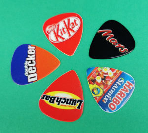 Double Decker, KitKat, Mars, LunchBar and Haribo themed guitar picks