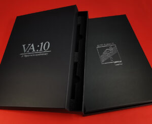 Black A4 presentation box for four cassette tapes with silver foil lid and base printing