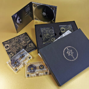 CD digipaks and matching twin cassette tapes in presentation boxes with gold foil printed lids