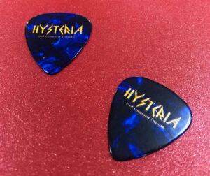 Dark blue guitar picks with full colour printing onto a white base