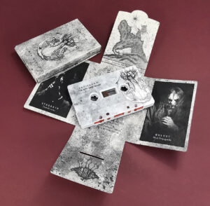 Grey cassette tapes with full coverage on-body printing in printed recycled eco-natural card Maltese cross packs