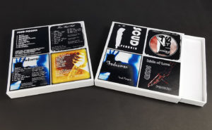 White CD presentation matchboxes with full colour printing for a four CD wallet collection