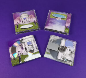 Clear MiniDiscs with full coverage on-body printing and a partial white base layer for a transparent circular effect