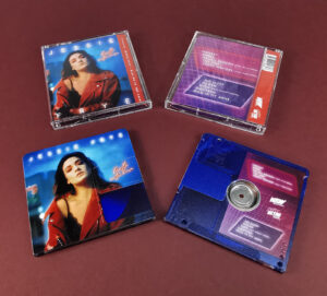 Clear transparent MiniDiscs, printed with a dark blue tint and full colour artwork