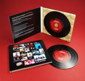 Musicians for Musicians fundraising black vinyl CDs in 4 page eco digipaks that are 100% recycled