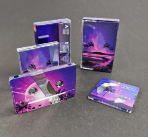 Clear MiniDiscs and cassette tapes with partial white base and colour printing in jewel cases