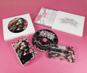 Custom printed CD jewel case O-card with central cutout hole and cassette tapes with on-body printing