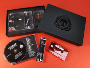 Cassette tape and CD jewel case box set in A5 presentation box with a black foil lid print