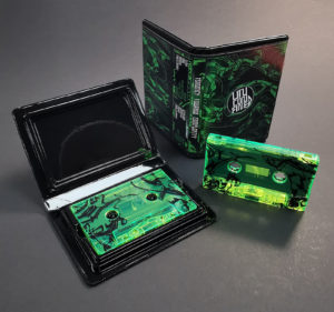 Transparent green cassette tapes with a black full coverage print in black rave cases