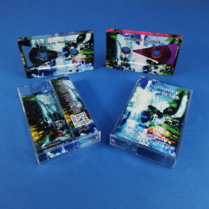 Clear prison and transparent pink cassettes with custom on-body printing and J-cards with a holographic print