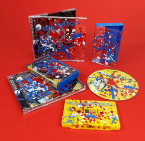 Blue cassette cases and CD jewel cases with full colour on-body printing on the cases