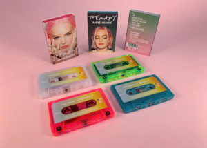 Recycled clear frosted, Transparent green, Transparent pink, and Clear turquoise cassette shells with sticker printing in full colour printed O-cards