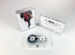 Recycled clear frosted cassette shells with a black on-body print in clear cases with full colour 5 panel J-cards