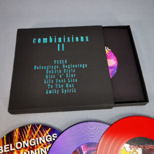 A seven CD matchbox set with turquoise foil printing on the matchbox and seven custom printed vinyl-style CDs in plain black record-style wallets