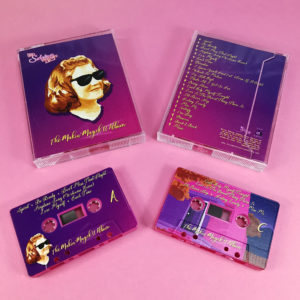 Double hot pink cassette tape sets in double stacked cases with full coverage on-body printing
